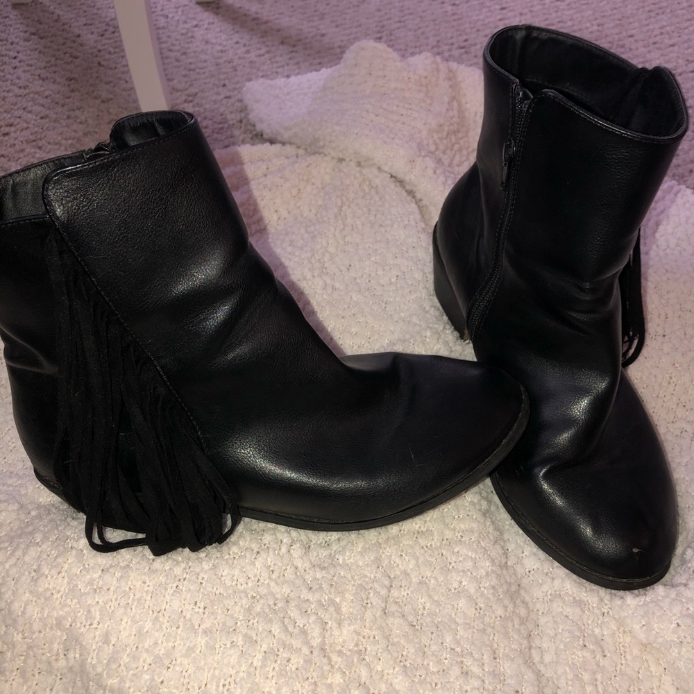 Wide width black fringe booties